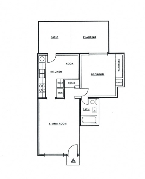 Floor plan for 1 bed, 1 bath, 621 sqft